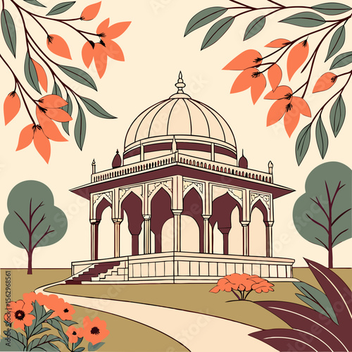 
a drawing of a building with a dome and trees