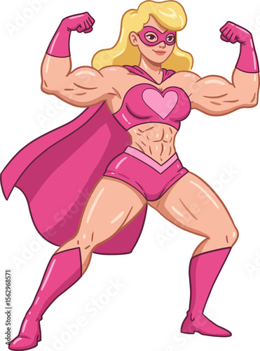 Cartoon super heroine flexes her powerful muscles in a pink costume with cape and heart symbol, showing strength and determination.