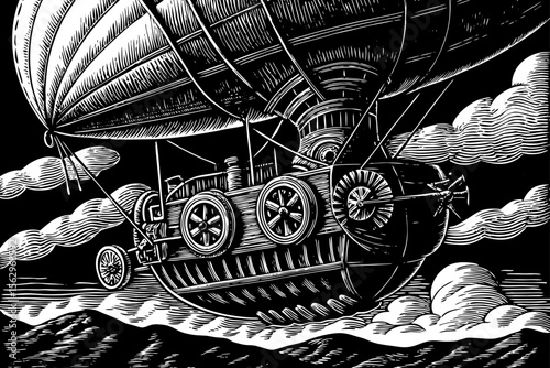 steampunk airship with detailed gears and sails, perfect for fantasy games, retro-futuristic branding or adventure stories a black and white line art illustration