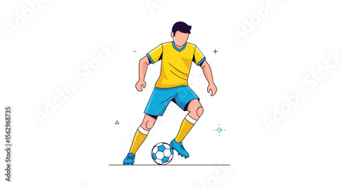 Soccer Player Dribbling the Ball in a Yellow Shirt and Blue Shorts Illustration