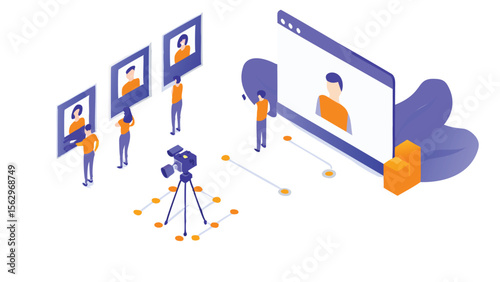 Isometric view of people filming a person on a computer screen and holding up portraits of people