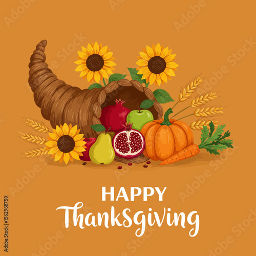 Cornucopia filled with autumn harvest bounty for happy Thanksgiving celebration, with sunflowers and seasonal fruits