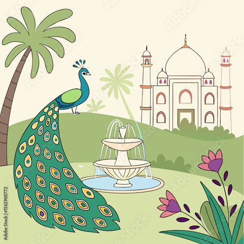 a peacock in front of a fountain