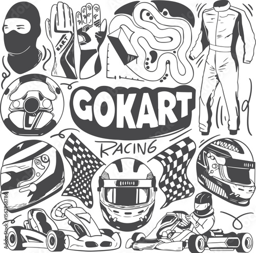 Man drives go-kart during race. Racer wears helmet and special uniform. Fast speed and competition. Go-kart on racetrack. Vintage retro style. Line art illustration. Black and white.