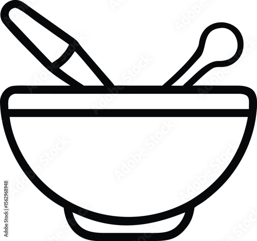 Vector art of a mortar and pestle sit inside a bowl, ready to grind spices, isolated on white background