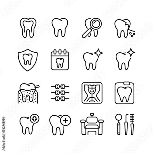 Dental Care Icons Tooth Dentist X-ray Brush Protection Treatment Floss Chair