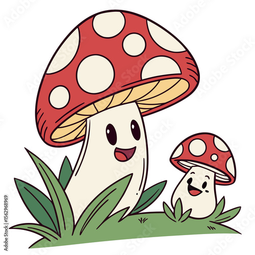Two Adorable Cartoon Mushrooms with Happy Faces in Green Grass