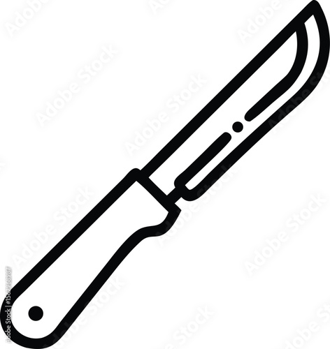 Vector art of a scalpel, a sharp surgical knife, is shown in a line art style isolated on white background
