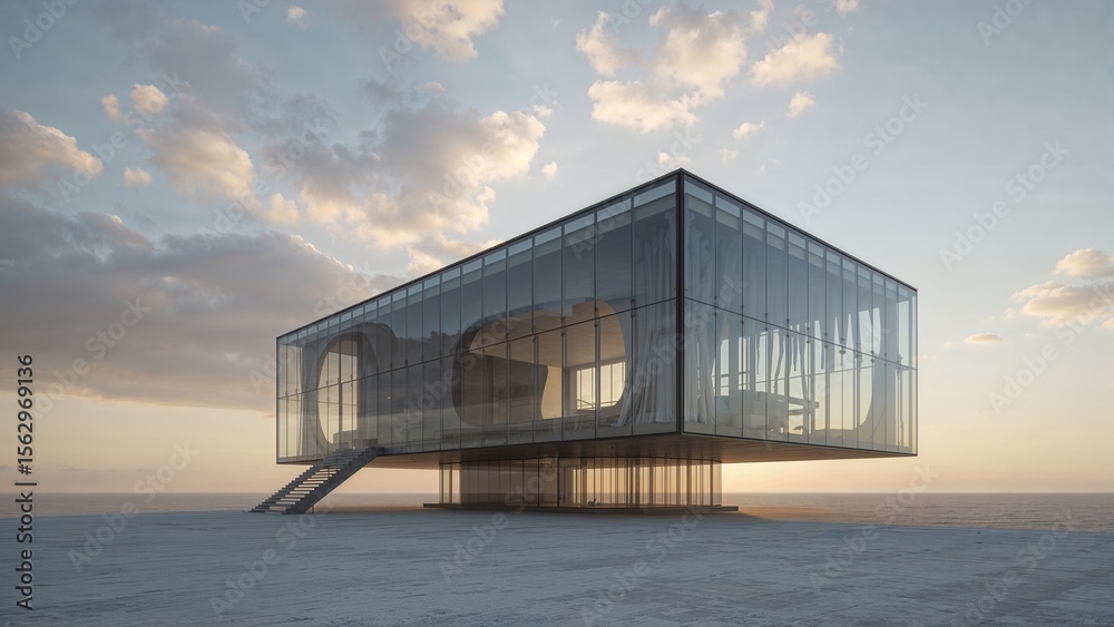 Fototapeta premium Modern glass building on a flat, light-colored platform.