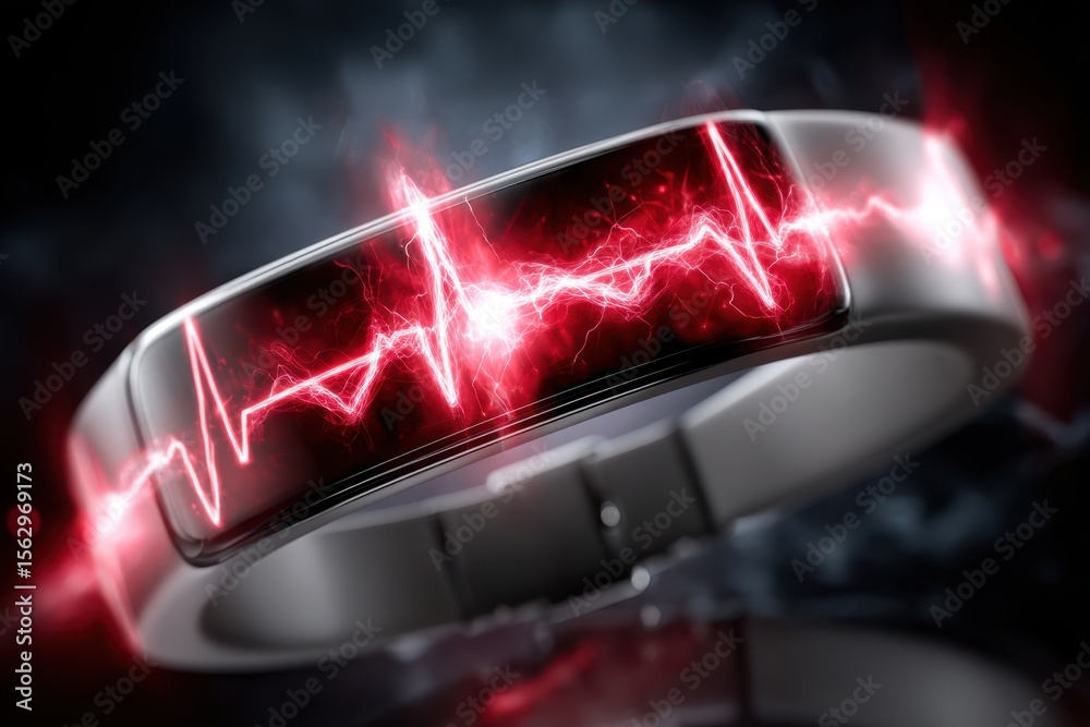 Naklejka premium Modern fitness tracker displays heartbeat rhythm with dynamic red waveform at night