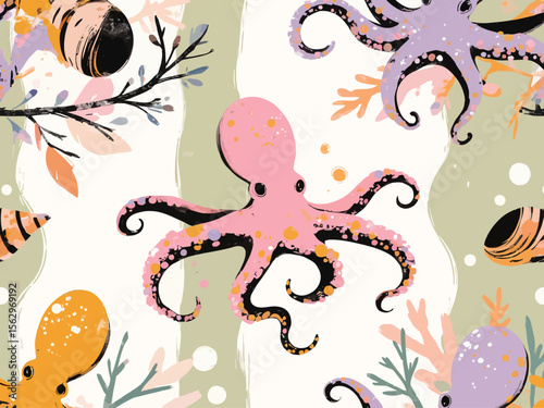 4 seamless repeat pattern, octopus as central motif, soft pastel lime green wavy vertical stripes in the background, scattered seashells, coral branches
