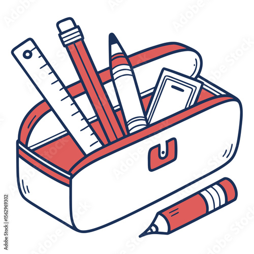 A simple hand drawn illustration of an open pencil case filled with writing tools including pencils a ruler and a crayon with a separate pencil lying nearby