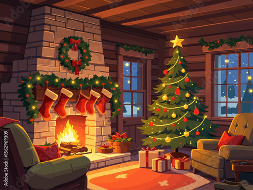  a cozy log cabin livingroom during Christmas, bright light, fire is going in the fire place, stockings on the mantle, Christmas tree