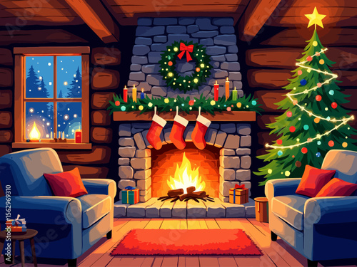  a cozy log cabin livingroom during Christmas, bright light, fire is going in the fire place, stockings on the mantle, Christmas tree 