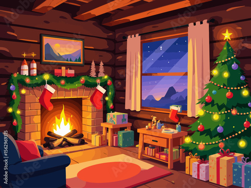  a cozy log cabin livingroom during Christmas, bright light, fire is going in the fire place, stockings on the mantle, Christmas tree 