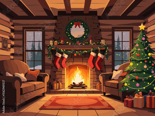 a cozy log cabin livingroom during Christmas, bright light, fire is going in the fire place, stockings on the mantle, Christmas tree 
