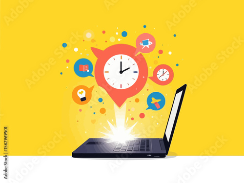 a laptop with a glowing speech bubble emerging, transforming into icons like a lightbulb, clock, dollar sign, airplane, and spark bright yellow or coral background
