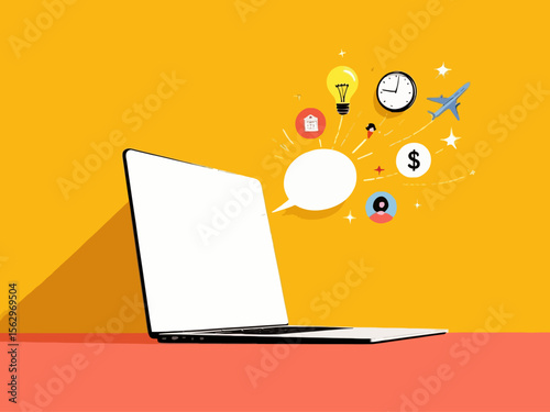 a laptop with a glowing speech bubble emerging, transforming into icons like a lightbulb, clock, dollar sign, airplane, and spark bright yellow or coral background