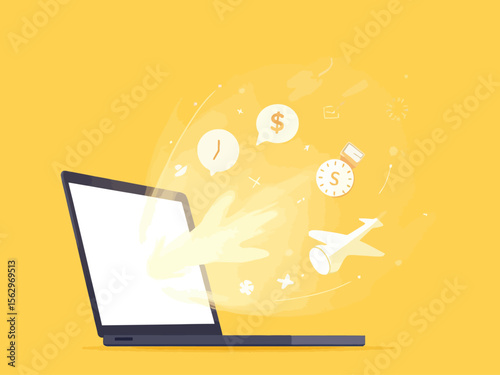 a laptop with a glowing speech bubble emerging, transforming into icons like a lightbulb, clock, dollar sign, airplane, and spark bright yellow or coral background