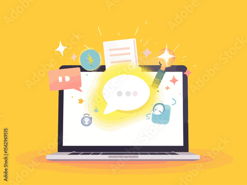 a laptop with a glowing speech bubble emerging, transforming into icons like a lightbulb, clock, dollar sign, airplane, and spark bright yellow or coral background