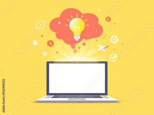a laptop with a glowing speech bubble emerging, transforming into icons like a lightbulb, clock, dollar sign, airplane, and spark bright yellow or coral background