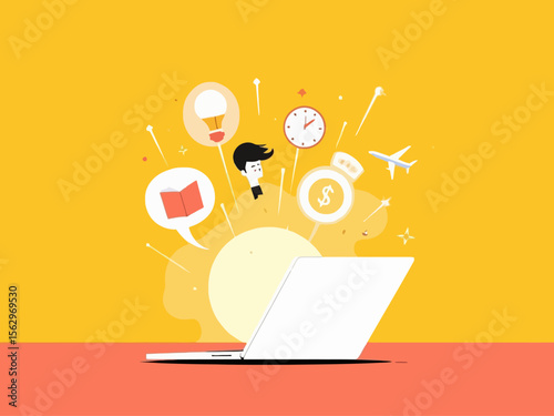 a laptop with a glowing speech bubble emerging, transforming into icons like a lightbulb, clock, dollar sign, airplane, and spark bright yellow or coral background