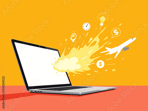a laptop with a glowing speech bubble emerging, transforming into icons like a lightbulb, clock, dollar sign, airplane, and spark bright yellow or coral background