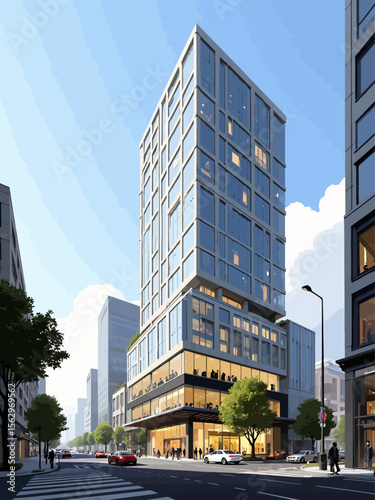 a modern 18-story hotel building facing Gangnam-daero in Seoul, contemporary glass and concrete architecture, wide boulevard in front with traffic and pedestrians
