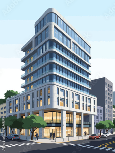 a modern 18-story hotel building facing Gangnam-daero in Seoul, contemporary glass and concrete architecture, wide boulevard in front with traffic and pedestrians