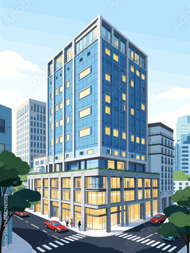 a modern 18-story hotel building facing Gangnam-daero in Seoul, contemporary glass and concrete architecture, wide boulevard in front with traffic and pedestrians