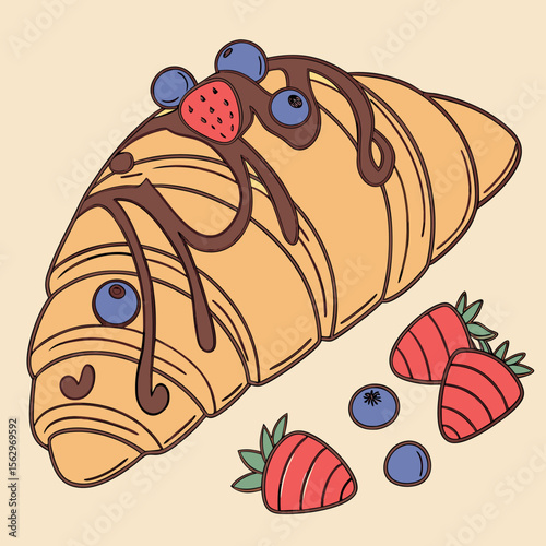 Delicious Chocolate Drizzled Croissant with Fresh Berries and Blueberries