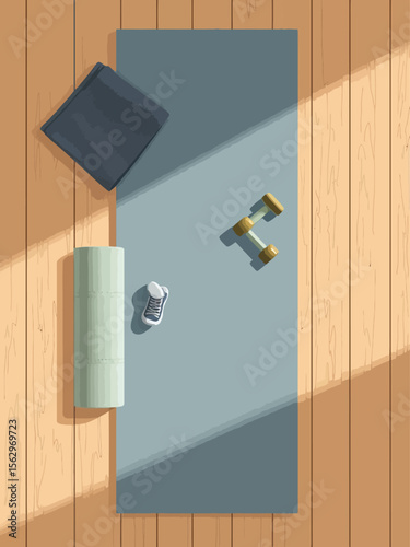 aerial shot of yoga mat with neatly placed yoga block, towel, and small dumbbells on a wooden floor, minimalist composition