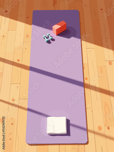 aerial shot of yoga mat with neatly placed yoga block, towel, and small dumbbells on a wooden floor, minimalist composition