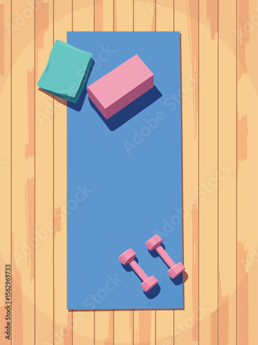 aerial shot of yoga mat with neatly placed yoga block, towel, and small dumbbells on a wooden floor, minimalist composition