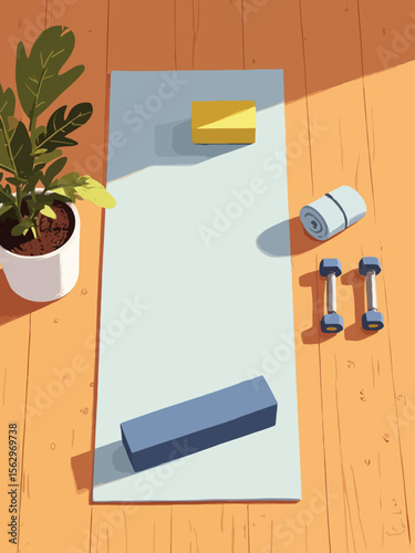 aerial shot of yoga mat with neatly placed yoga block, towel, and small dumbbells on a wooden floor, minimalist composition