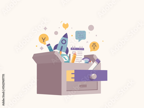 an open toolkit or drawer containing productivity symbols like a rocket, pen, lightbulb, calendar, chat bubble light neutral background