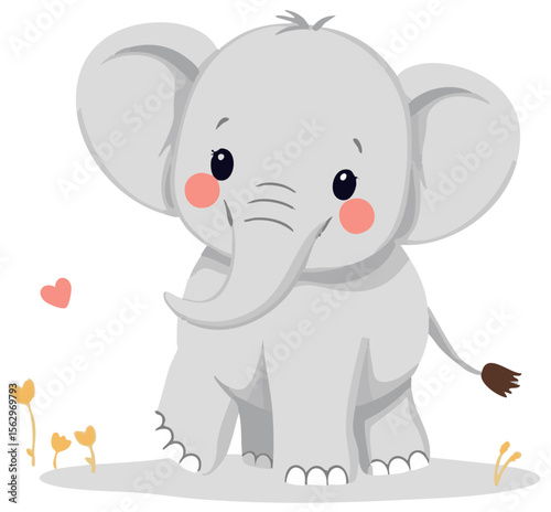 Cute baby elephant sitting, adorable animal character. Cartoon vector illustration isolated on white background.