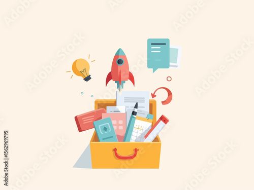 an open toolkit or drawer containing productivity symbols like a rocket, pen, lightbulb, calendar, chat bubble light neutral background