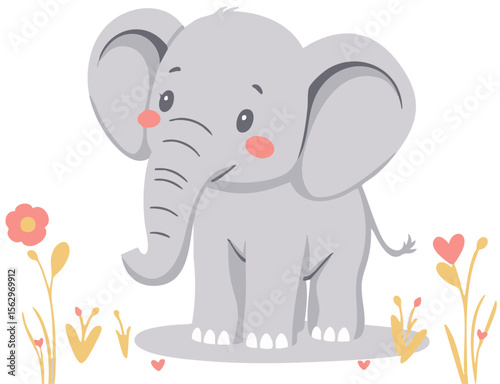 Cute baby elephant sitting, adorable animal character. Cartoon vector illustration isolated on white background.