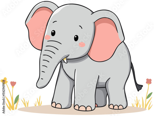 Cute baby elephant sitting, adorable animal character. Cartoon vector illustration isolated on white background.