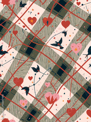 seamless repeat pattern, tartan check in olive, navy and red as dominant layer