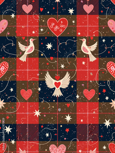 seamless repeat pattern, tartan check in olive, navy and red as dominant layer