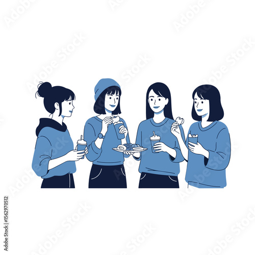 vector of a group of women talking and eating cake