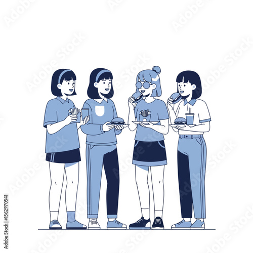 vector of a group of women talking and eating cake