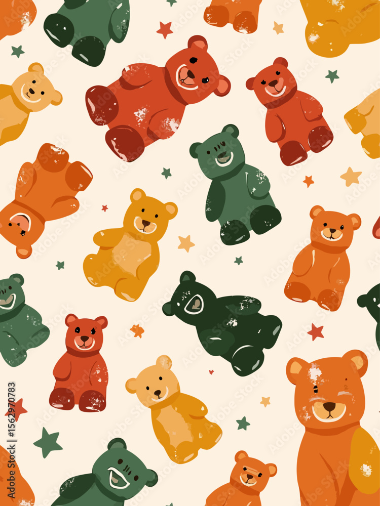 raw a pattern with gummy bears of different colors, girly gentle