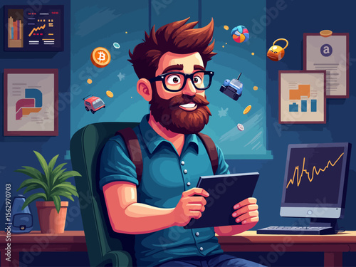  pixel art character portrait of a bearded gamer analyst holding a tablet, surrounded by floating icons