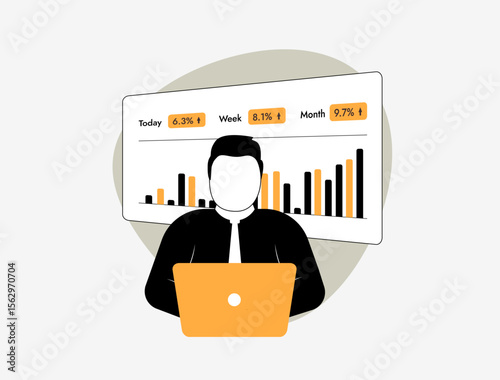 Data analytics dashboard with businessman reviewing performance report and KPI growth trends. Business intelligence and digital growth tracking for data analytics visualization vector illustration