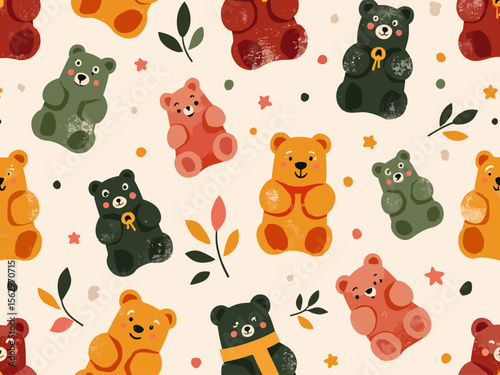 raw a pattern with gummy bears of different colors, girly gentle