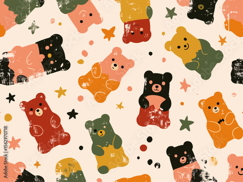 raw a pattern with gummy bears of different colors, girly gentle