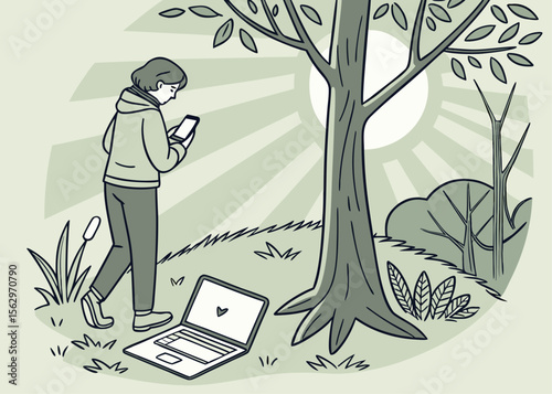 Person Using Phone in Nature with Laptop on Ground Digital Nomad Concept